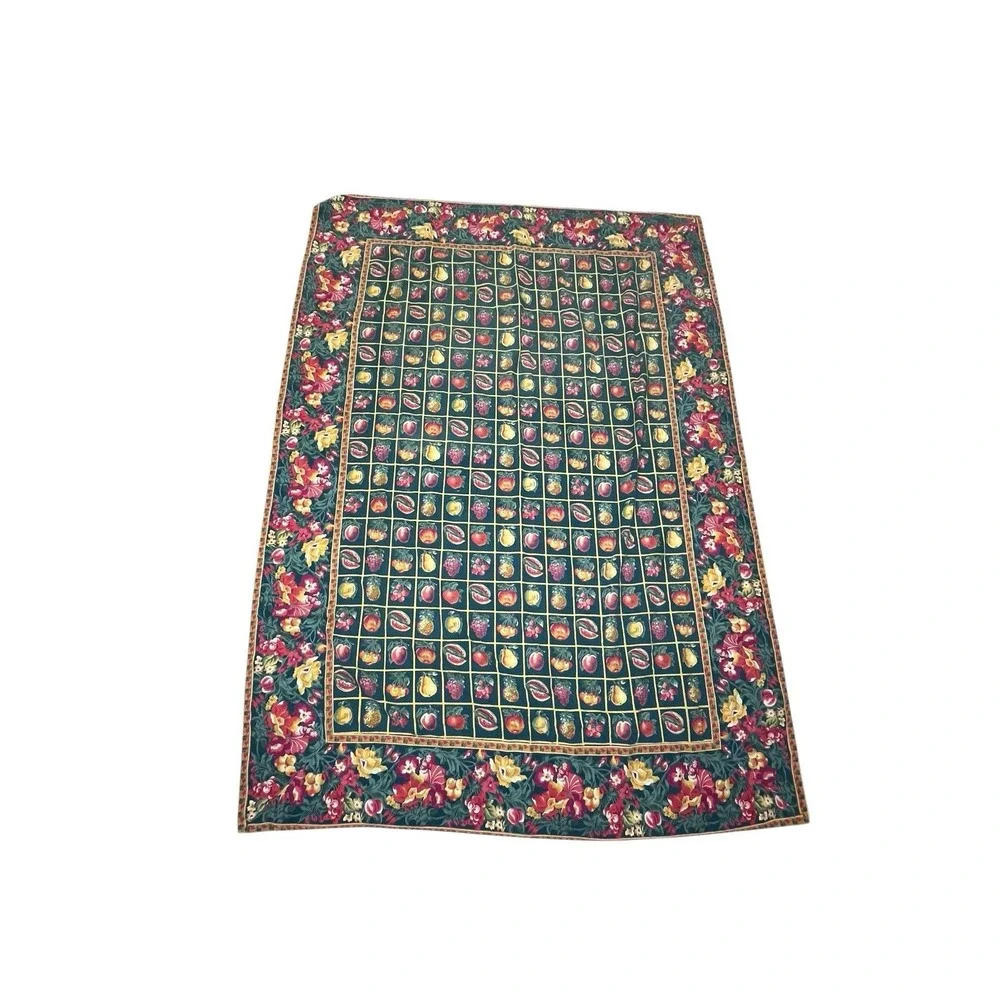 VTG April Cornell Fruit Tablecloth Green‎ Floral Cotton French Country ~ 47x66